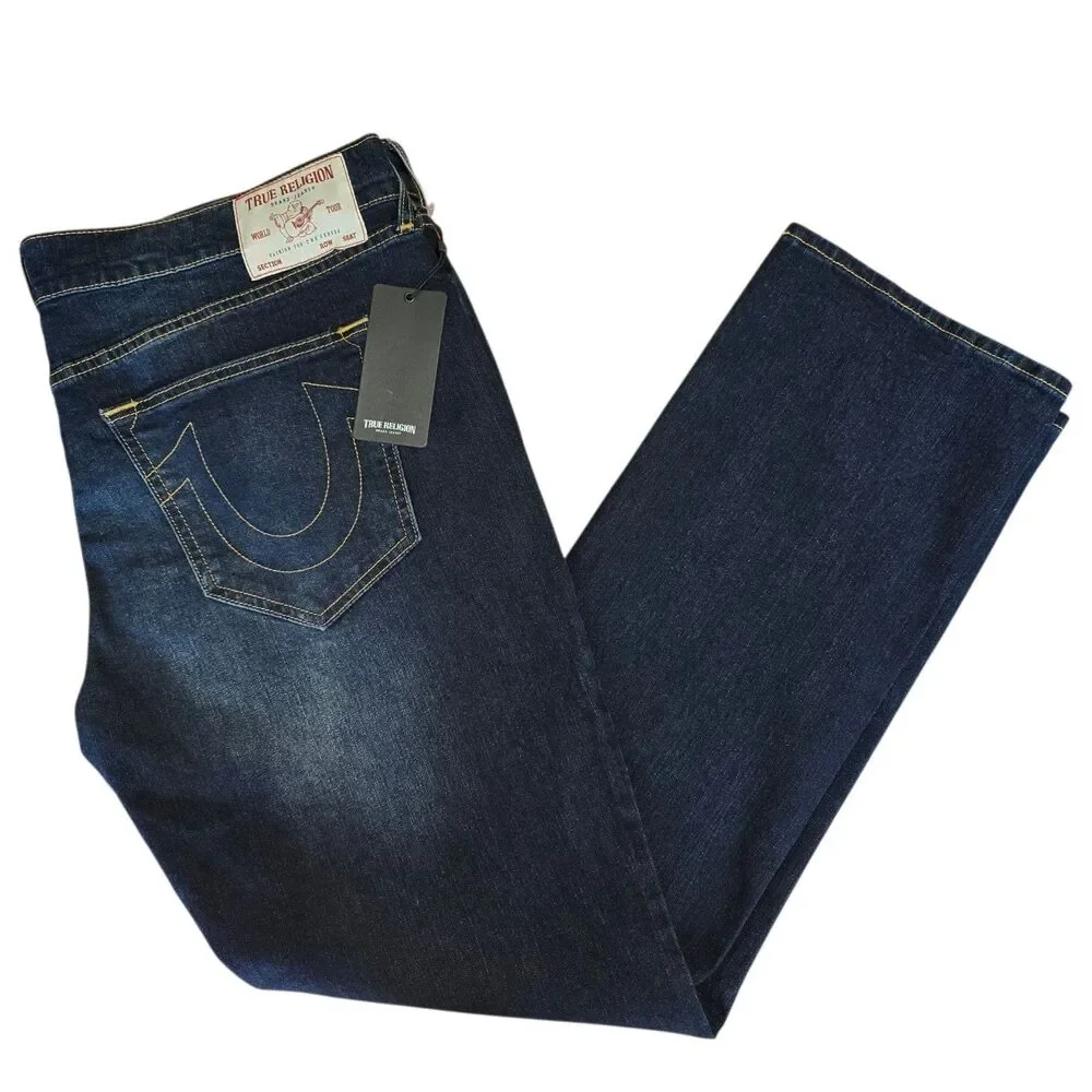NEW True Religion Mens Ricky SN Relaxed Straight 5 Pocket Dark Wash Jeans 42x34